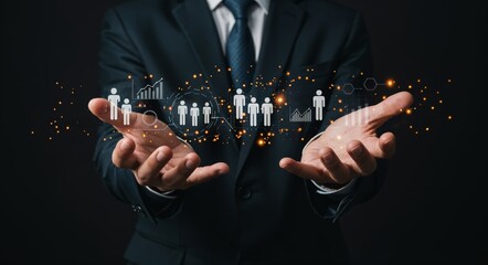 Businessman holding digital icons of people symbolizing HR tech, recruitment, team management, employee analytics, leadership, and modern human resources systems. Hiring data.