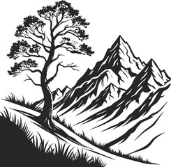Mountain Road Scene with Trees, Black and White Silhouette