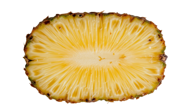 a large pineapple slice with its natural pattern and a thick slice through the middle, showcasing the fibrous interior that resembles an eye design in the center