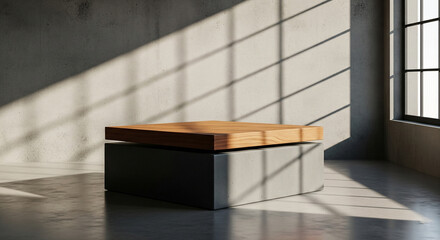Photo of a modern wooden coffee table sits in a minimalist loft space, bathed in dramatic sunlight casting geometric shadows across the concrete floor and wall