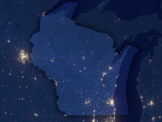 Wisconsin as seen from space at night with visible state borders. Contains modified Copernicus Sentinel data 2025.
