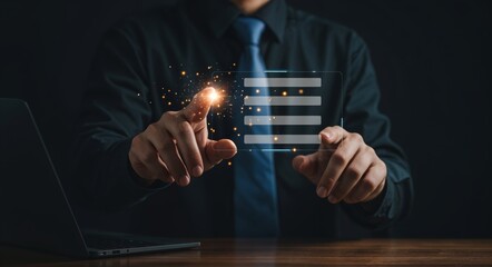 Businessman using futuristic digital feedback form, symbolizing online surveys, contact forms, customer experience input, and user interface interaction for business or website improvement.