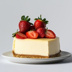 Creamy Cheesecake with Fresh Strawberries on White Plate