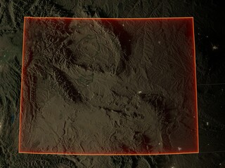 Detailed night map of Wyoming with red state borders and glowing city lights. Contains modified Copernicus Sentinel data 2025.