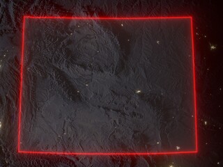 Night map of Wyoming with red state borders and glowing bright city lights. Contains modified Copernicus Sentinel data 2025.
