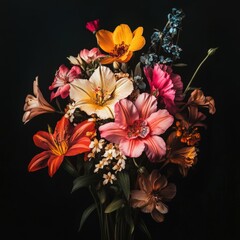 Vibrant and Colorful Floral Arrangement on Dark Background