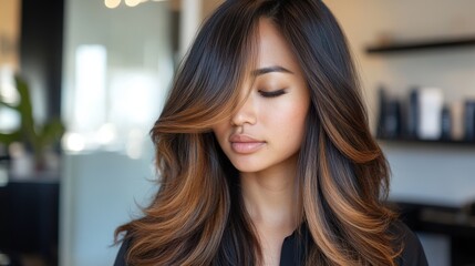 Obraz premium Close-up of a woman with styled, highlighted hair.