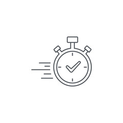 A minimal line drawing of a stopwatch with a check mark inside and motion lines on the left side
