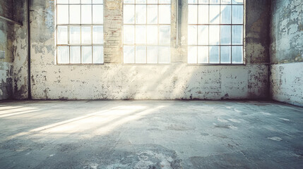 A large, empty, industrial room with large windows and exposed brick walls, illuminated by natural light.