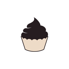 A simple illustration of a cupcake with dark frosting and a beige wrapper on a white background