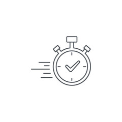 A minimal line drawing of a stopwatch with a check mark inside and motion lines on the left side