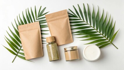 Natural skincare products and packaging with greenery on a white background