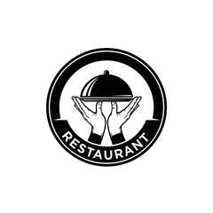 A black and white restaurant logo featuring hands holding a covered dish inside a circular emblem design