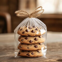 Freshly Baked Chocolate Chip Cookies in Clear Bag on Wooden Table