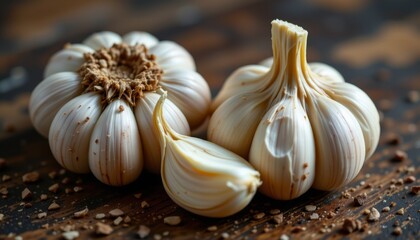 Two whole garlic bulbs and a single clove on a dark wooden surface Close up view of garlic