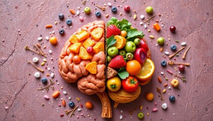 Brain model filled with various fruits and berries on a pink background Surrounding small candies and dried flowers