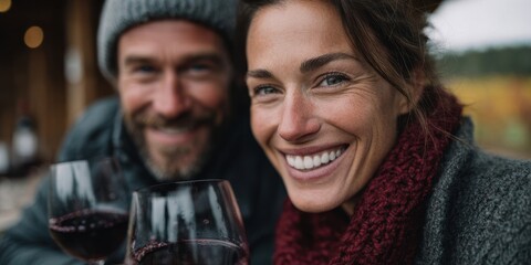 Couple enjoying wine tasting outdoors with vineyard or table edge left open
