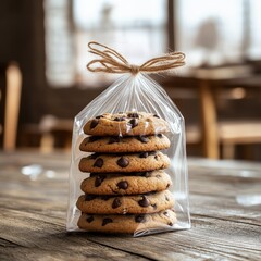Freshly Baked Chocolate Chip Cookies in Clear Bag with Twine