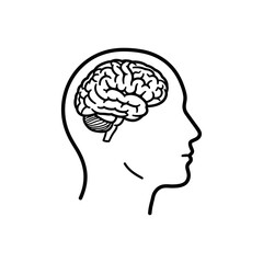 Illustration of a human head in profile with a brain visible inside the head outline graphic art