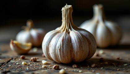 Close up of garlic bulbs and cloves on rustic wooden surface food ingredient