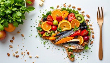 Brain shaped platter with assorted fruits fish and nuts Healthy food arrangement on white background