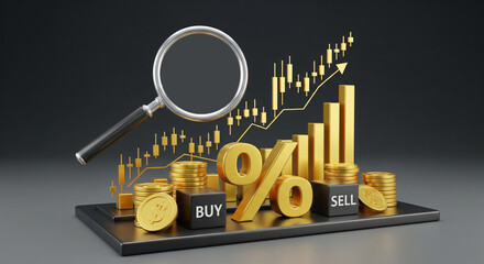 Photo of a financial analysis concept featuring a magnifying glass over a stock market chart with gold coins, percentage signs, and buy and sell blocks