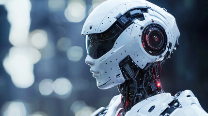 A futuristic robot with a sleek, metallic body and a helmet with a digital display and sensors.