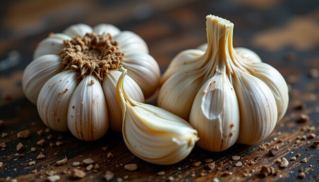 Two whole garlic bulbs and a single clove on a dark wooden surface Close up view of garlic