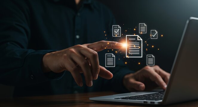 Businessman holding digital contract icon, representing touchless procurement workflow, paperless invoice approval, B2B management, and secure document verification in ERP systems.