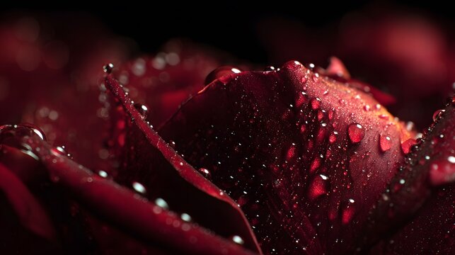Ruby red rose glows in this romantic closeup covered with glittering dewdrops