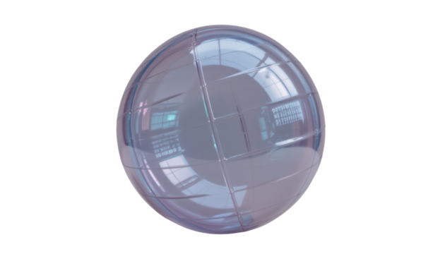 a large, iridescent orb with a metallic sheen, floating against a contrasting backdrop, suggesting an industrial or futuristic setting