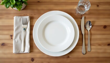 Table setting with white plates silverware napkin and glass on wooden table