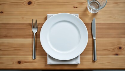 Empty white dinner plate with fork knife and glass of water on wooden table