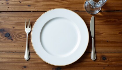 Empty white dinner plate with silverware and wine glass on rustic wooden table