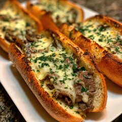 Savory Baked Sandwiches with Melted Cheese and Grilled Meat Topping