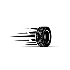 A black and white graphic illustration of a tire with motion lines indicating fast movement on white