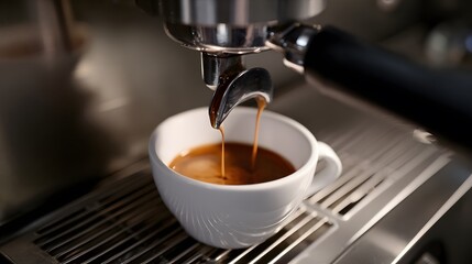 Coffee machine pouring fresh, aromatic espresso into a white cup