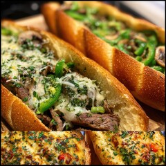 Delicious Beef Sandwich with Cheese and Fresh Vegetables on Table