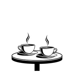 Two cups of coffee with steam on saucers sitting on a round table in black and white illustration