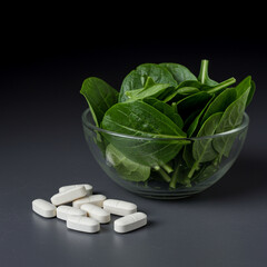 Boost Your Health: Magnesium Supplement and Leafy Greens for Wellness. 