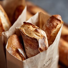 Freshly Baked Artisan Bread Sticks in Brown Paper Bags