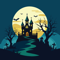 Halloween Scene with Full Moon and Bats