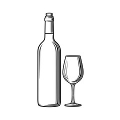 A black and white drawing of a wine bottle standing next to a wine glass on a white background
