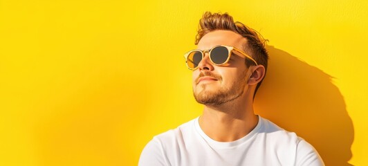 A Man enjoying a sunny day. He is wearing a casual standing of yellow background. Summer vacation travel holiday concept. 