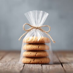 Freshly Baked Cookies in a Clear Cellophane Bag on Wooden Table