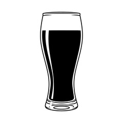 Black and white vector illustration of a pilsner glass filled with a dark liquid on a white background