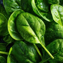 Fresh Spinach Leaves with Water Droplets on Dark Background