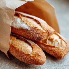 Freshly Baked Baguettes in Brown Paper Bag on Wooden Surface