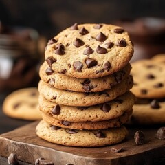 Delicious Chocolate Chip Cookies Stacked on Wooden Board