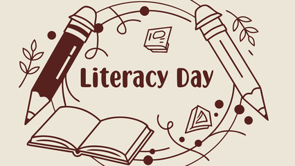International Literacy Day:  Elegant Line Art Illustration Featuring Pencils, Open Book, and Whimsical Floral Elements;  Celebrating Reading and Education.